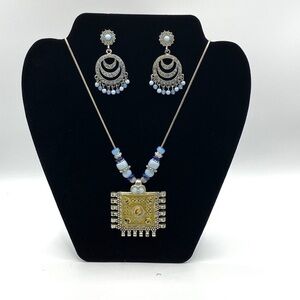 Silvertone Blue Beads With Square Pendant Necklace & Dangle Earrings Set
